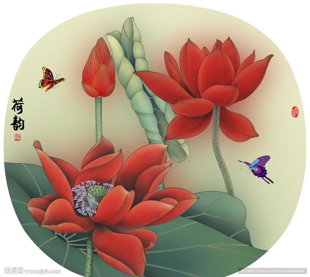 团扇扇面荷花荷韵