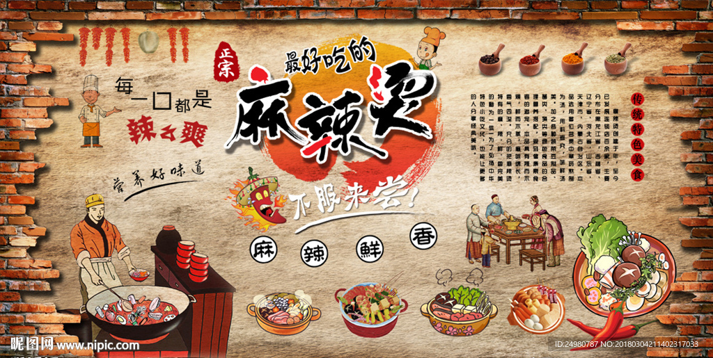 麻辣烫美食复古背景墙