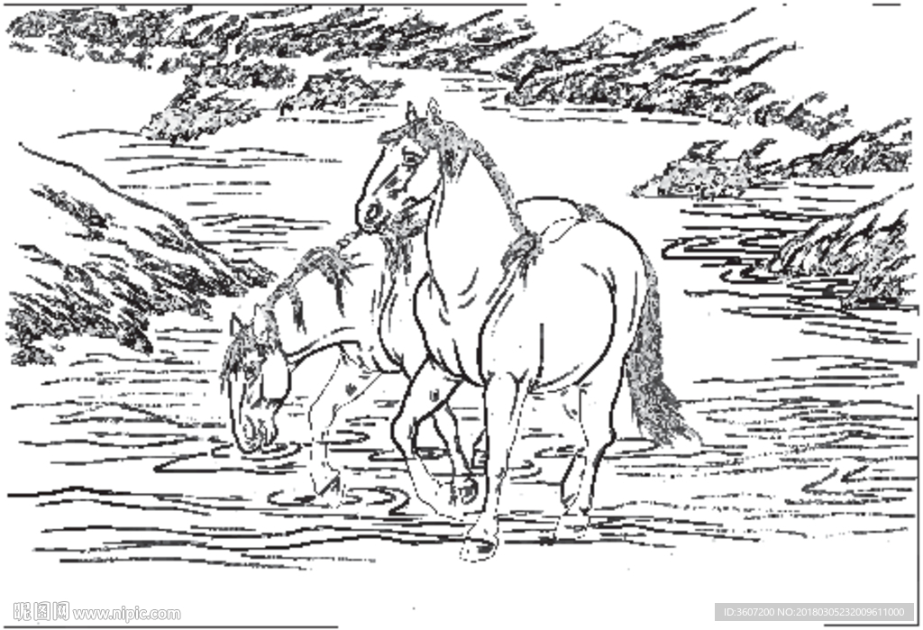 骏马 白描 素描 线描 国画