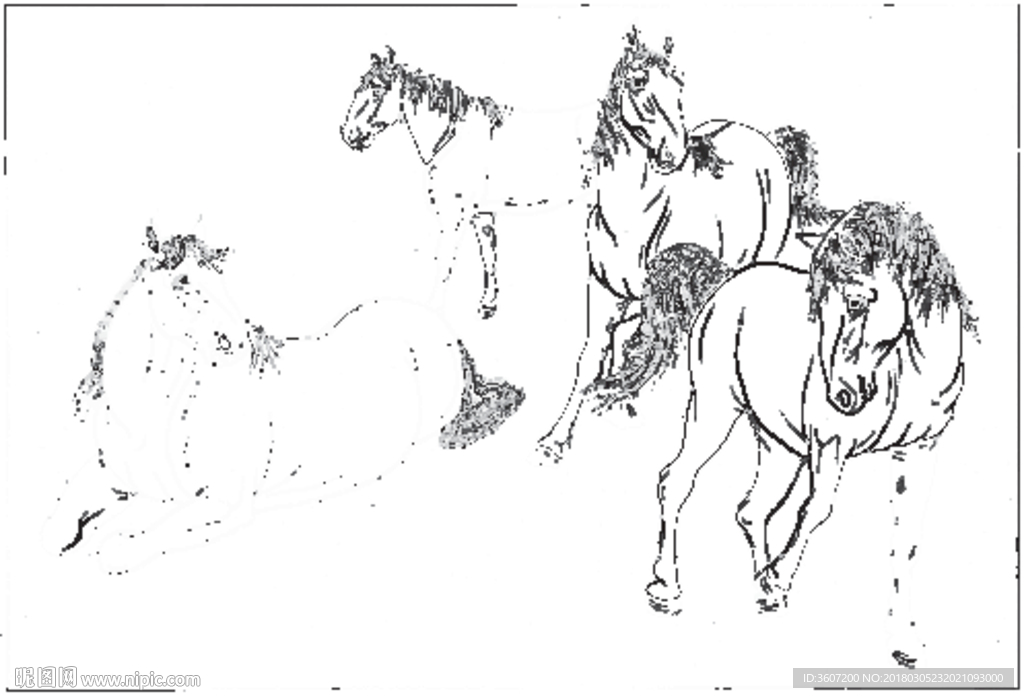 骏马 白描 素描 线描 国画