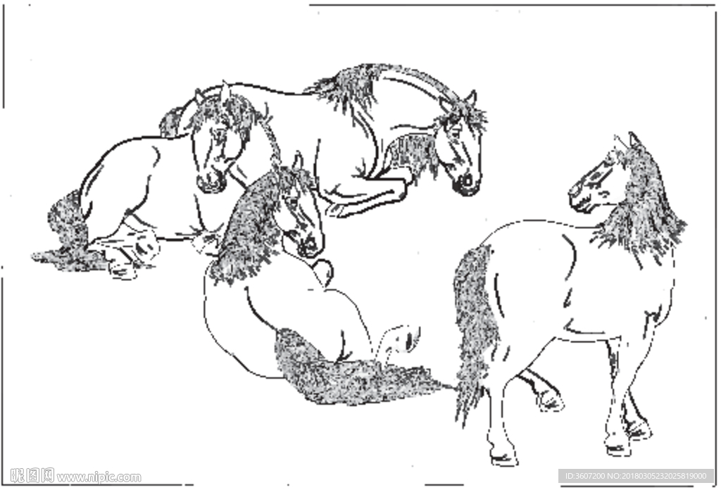 骏马 白描 素描 线描 国画