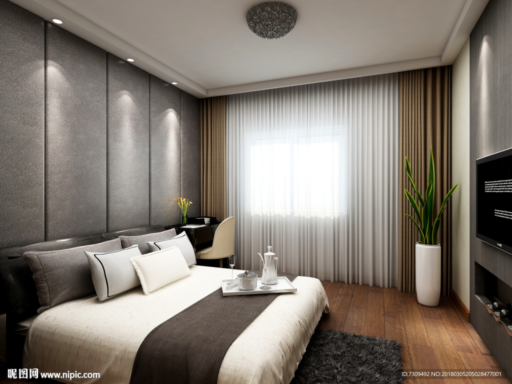 现代风格轻奢灰调主卧室效果图