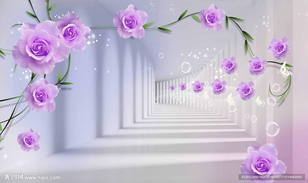3D通道紫色玫瑰小花电视背景墙