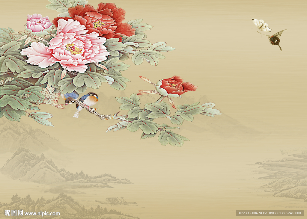 中式工笔花鸟国画牡丹花开富贵