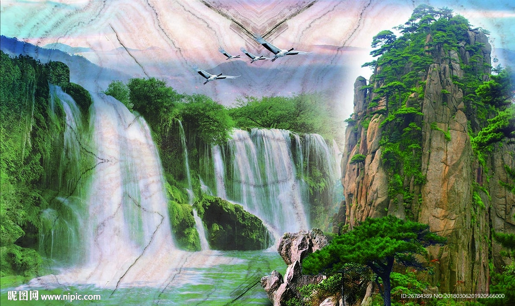 大理石 瀑布山水