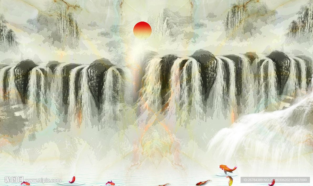 大理石 九鱼图瀑布