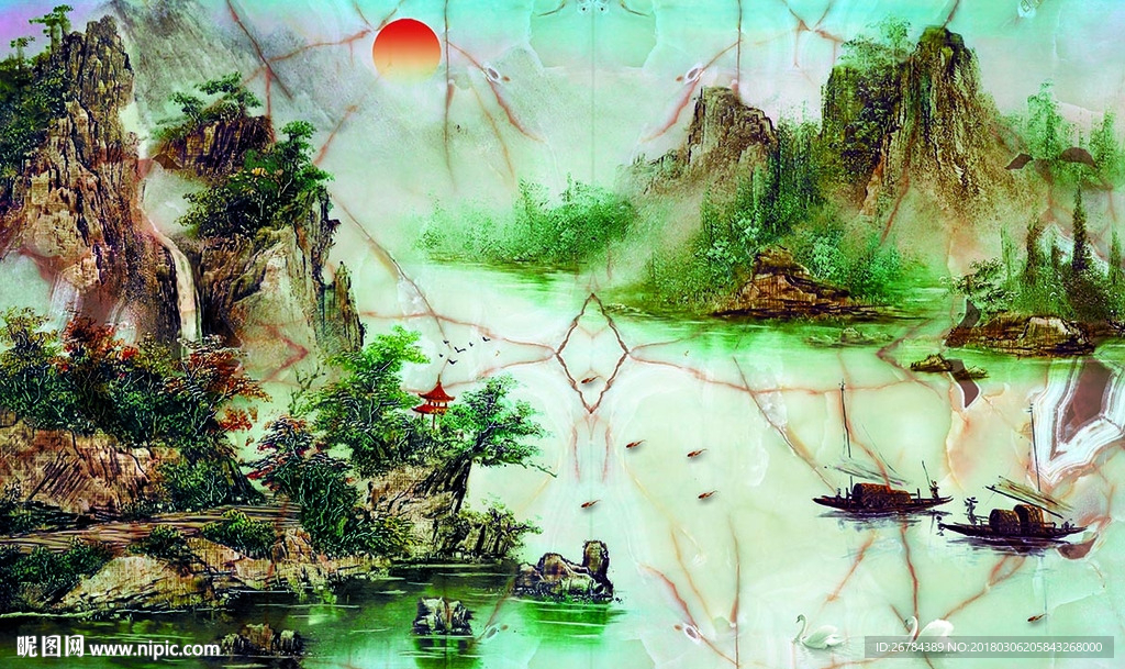 大理石 水彩迎客松