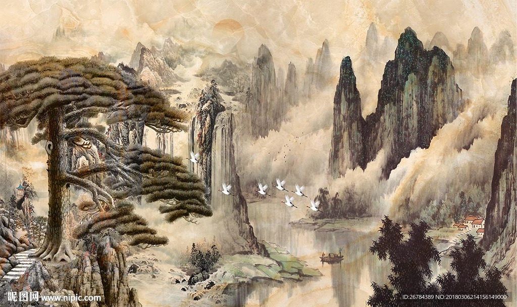 大理石 水墨迎客松