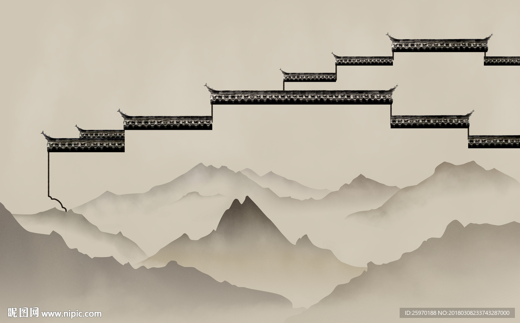 微派建筑背景墙 水墨画