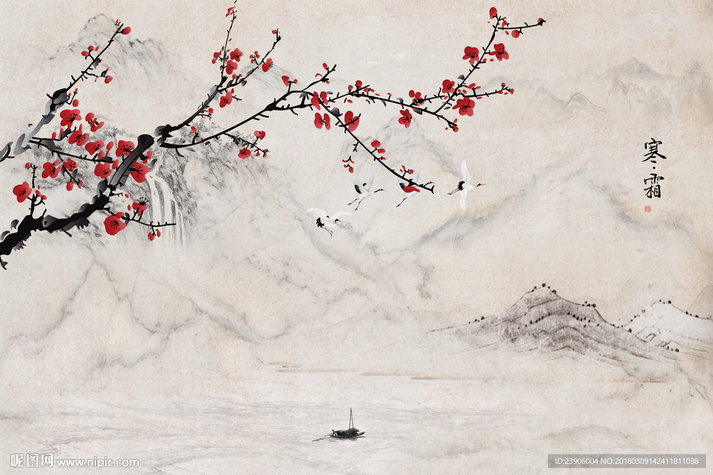 新中式水墨梅花花鸟背景墙壁画