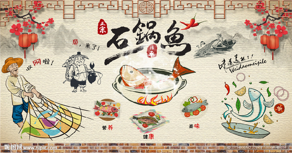 石锅鱼美食复古背景墙