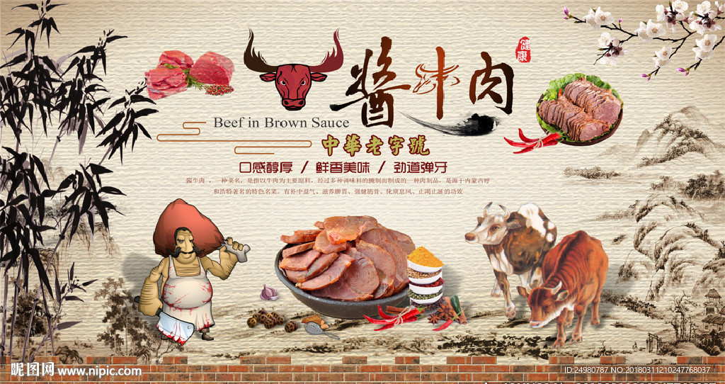 牛肉美食复古背景墙