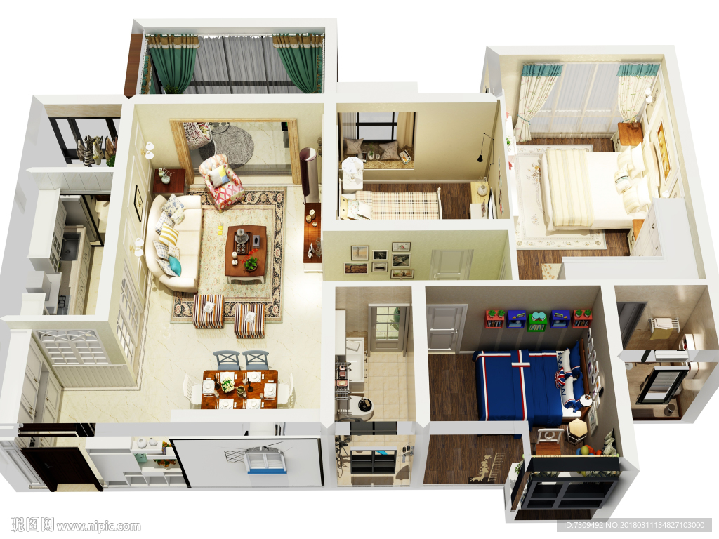 美式田园风格户型效果图