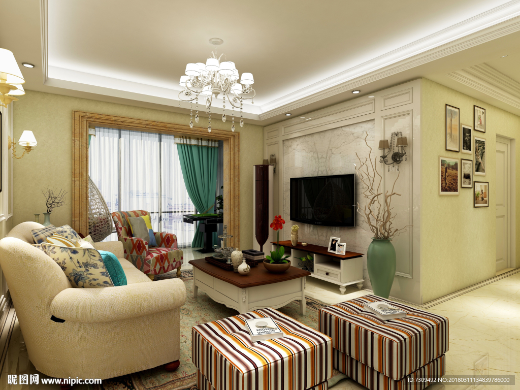 美式田园客厅装修效果图