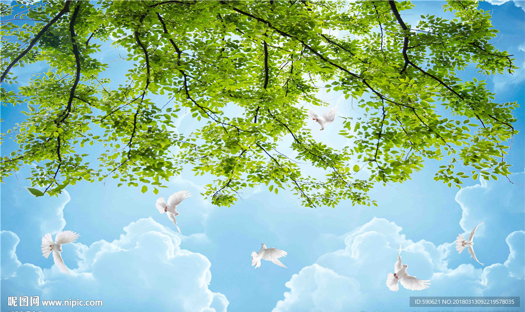 蓝天白云背景墙壁画