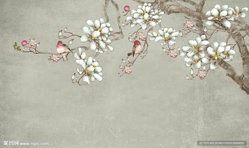 高清手绘复古玉兰花鸟壁画壁纸