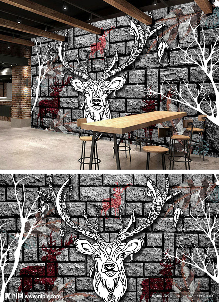 鹿头复古怀旧壁画背景墙