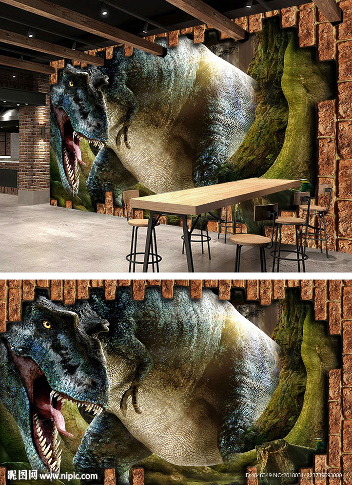 3D砖墙残墙恐龙工装壁画