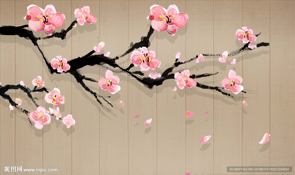 手绘桃花背景墙