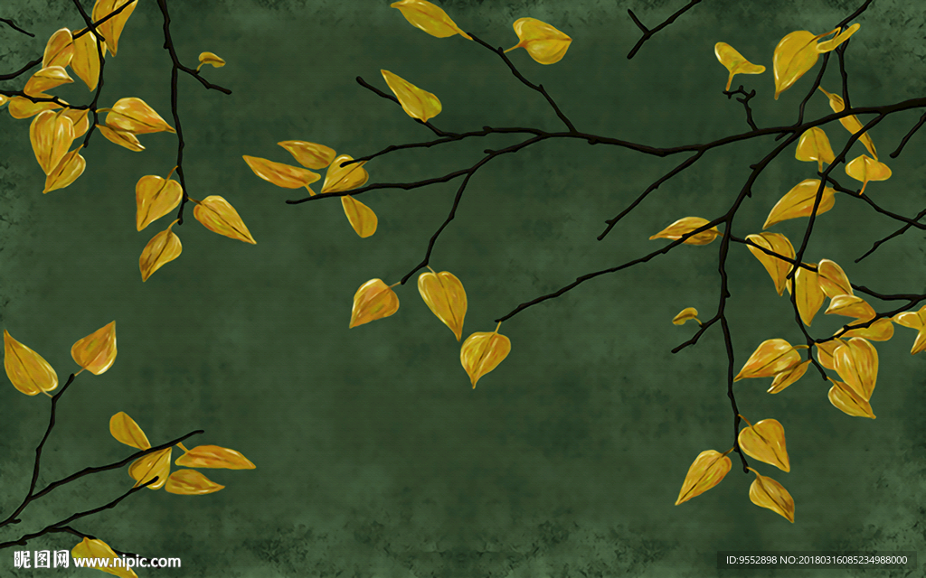 复古手绘金色树叶树枝油画背景