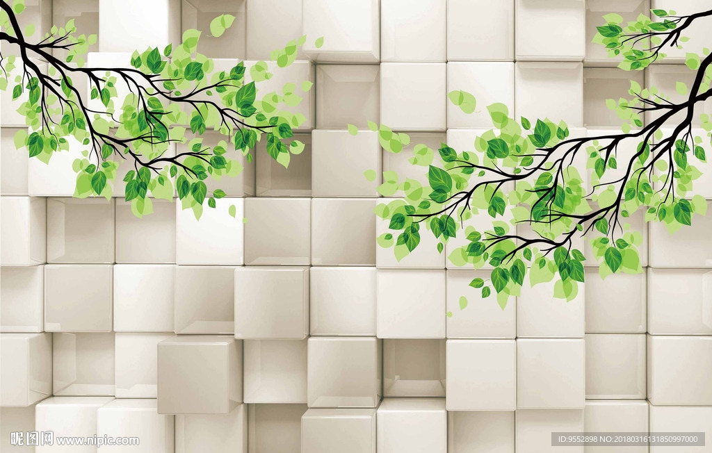 现代简约3D方块绿色树枝背景