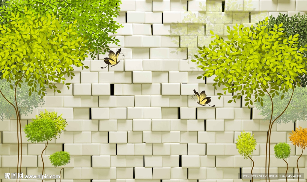 现代简约3D砖墙抽象树背景墙
