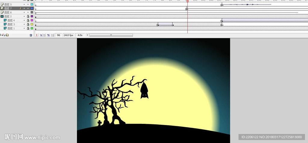 夜晚恐怖老树上的蝙蝠动画10秒
