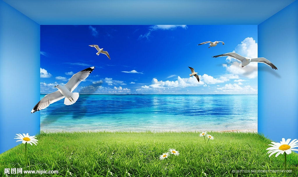 蓝天白云海鸥背景图