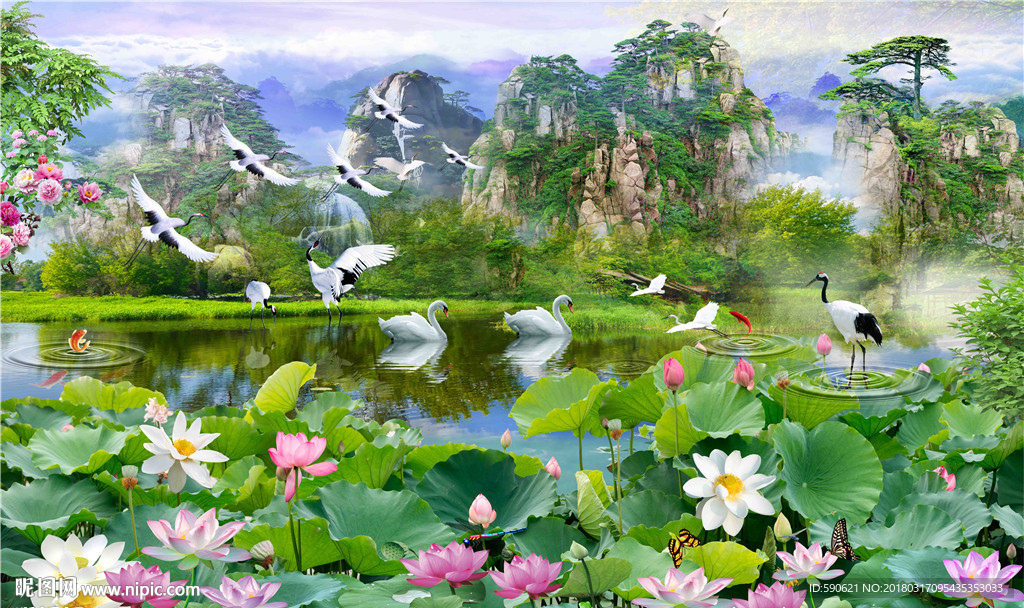 中国风山水背景墙壁画