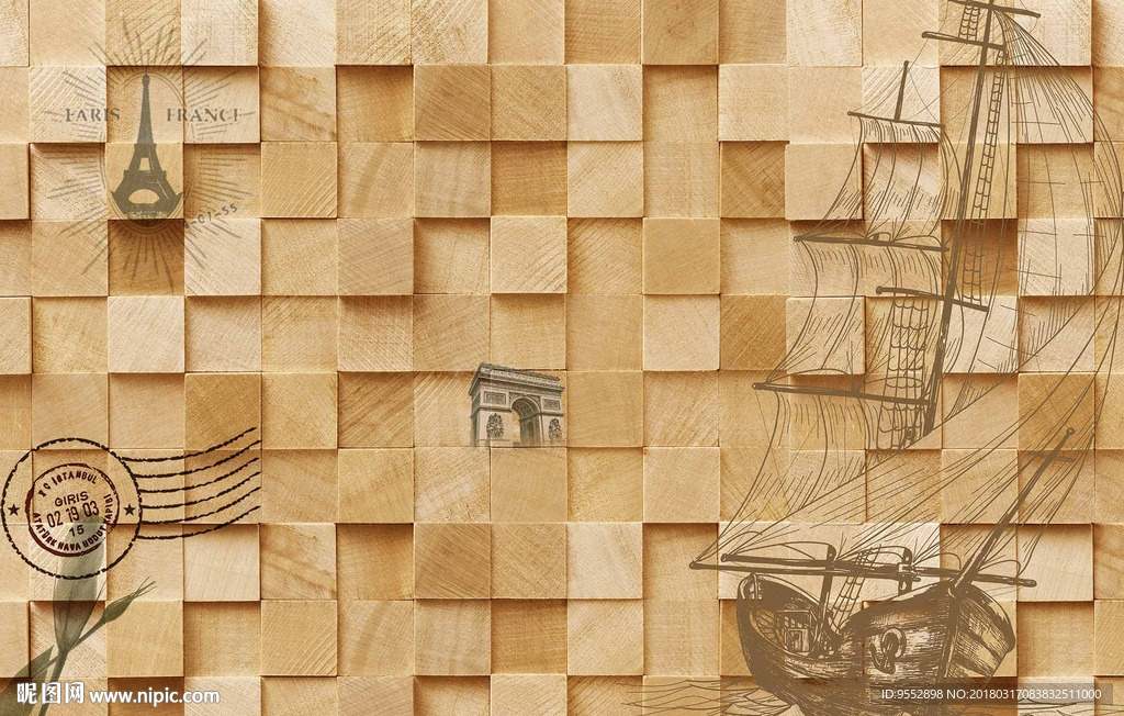 欧式复古3D木块扬帆起航背景