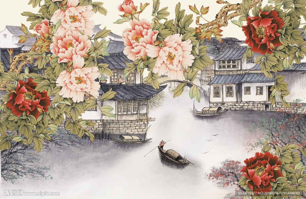 国画江南牡丹壁画