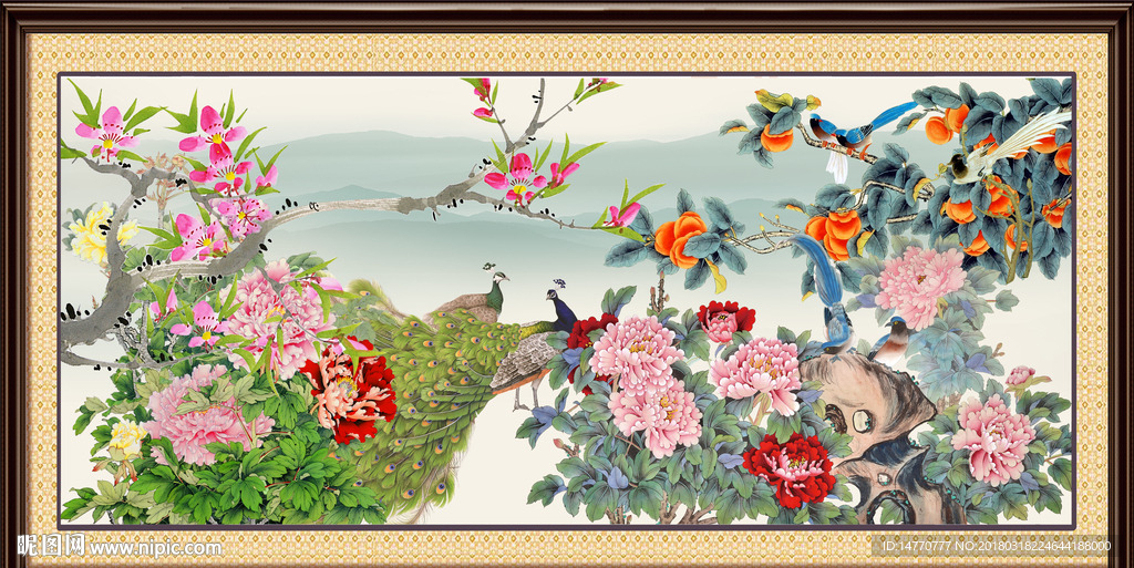 花开富贵孔雀图