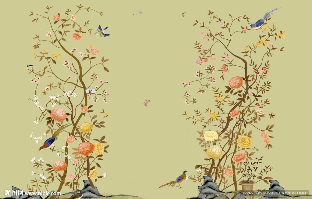 绿色花鸟图背景墙