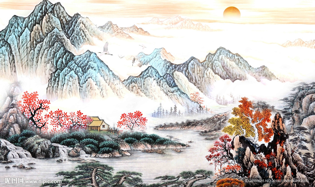新款山水画背景墙