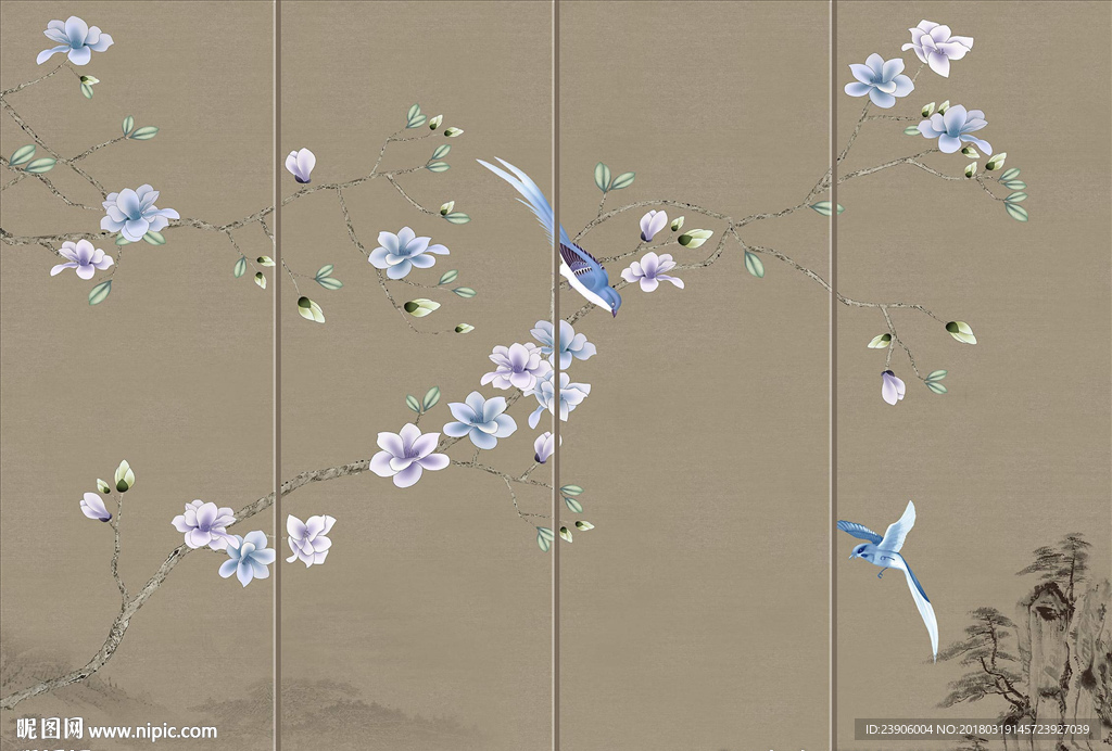 新中式玉兰花开富贵手绘工笔花鸟