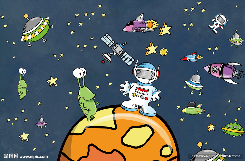 卡通宇宙星空飞船大型壁画