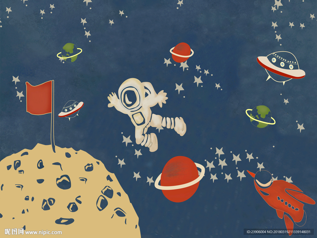手绘太空宇宙儿童房卧室大型壁画