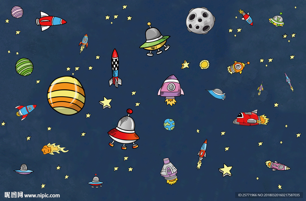 卡通宇宙星空飞船大型壁画