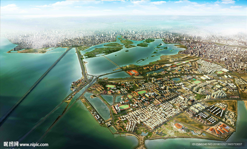 鸟瞰海边城市建筑图