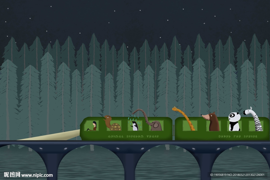 手绘卡通开往春天的动物地铁