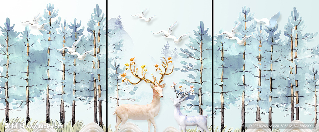 北欧麋鹿浮雕森林装饰画三联画