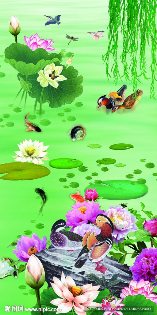 玄关中式荷花鸳鸯