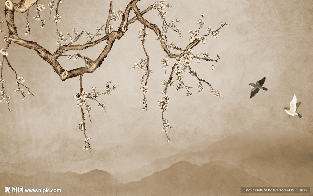 大型新中式手绘工笔花鸟背景墙