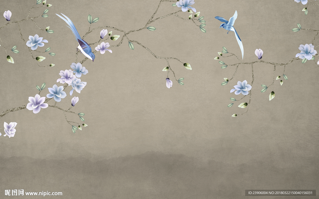 大型新中式手绘工笔花鸟背景墙