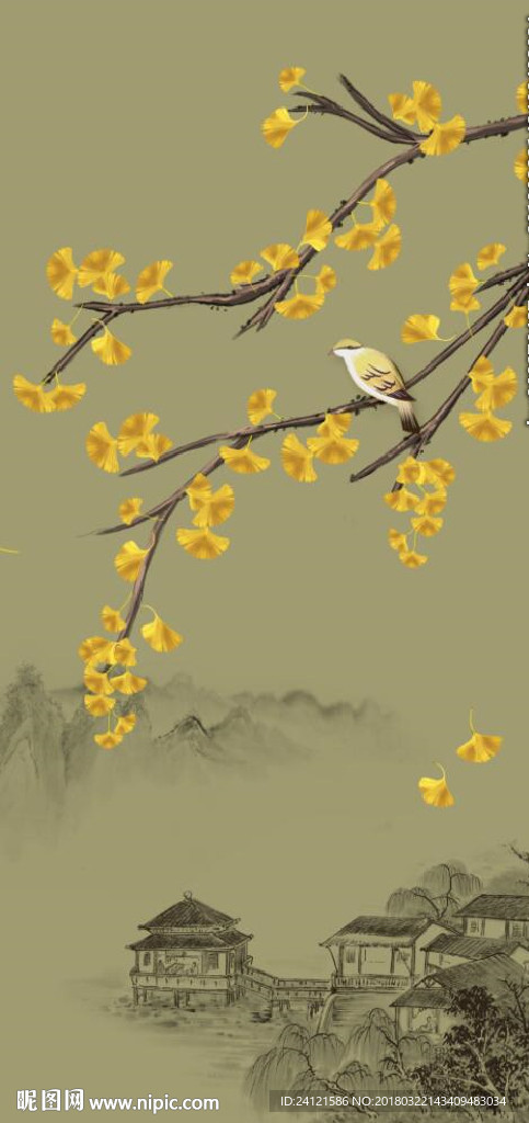 手绘银杏叶花鸟