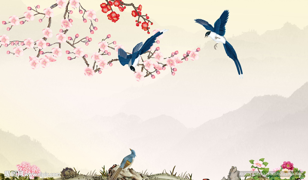 手绘工笔花鸟图