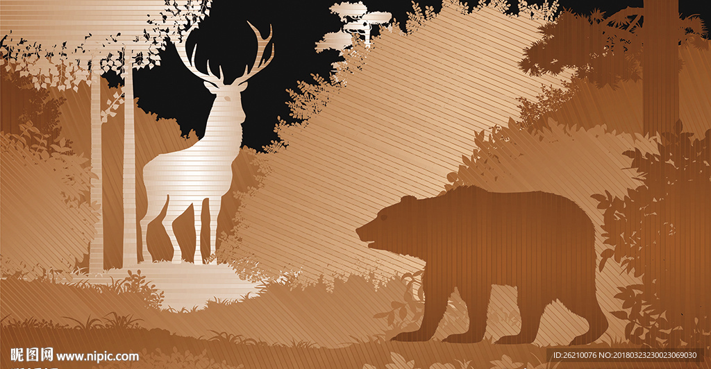 麋鹿棕熊矢量森林插画北欧背景墙