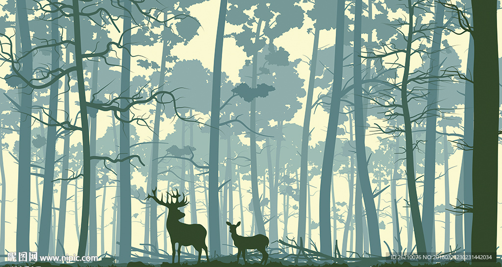 麋鹿树林简约北欧背景墙图片