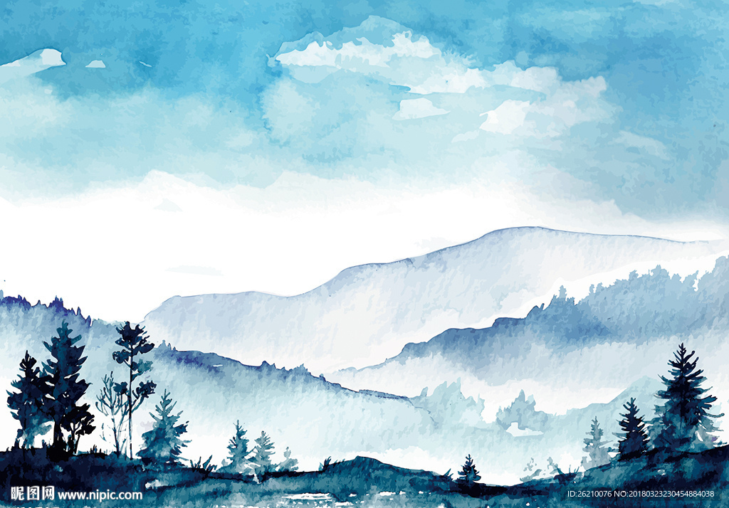 手绘水彩矢量山水背景墙