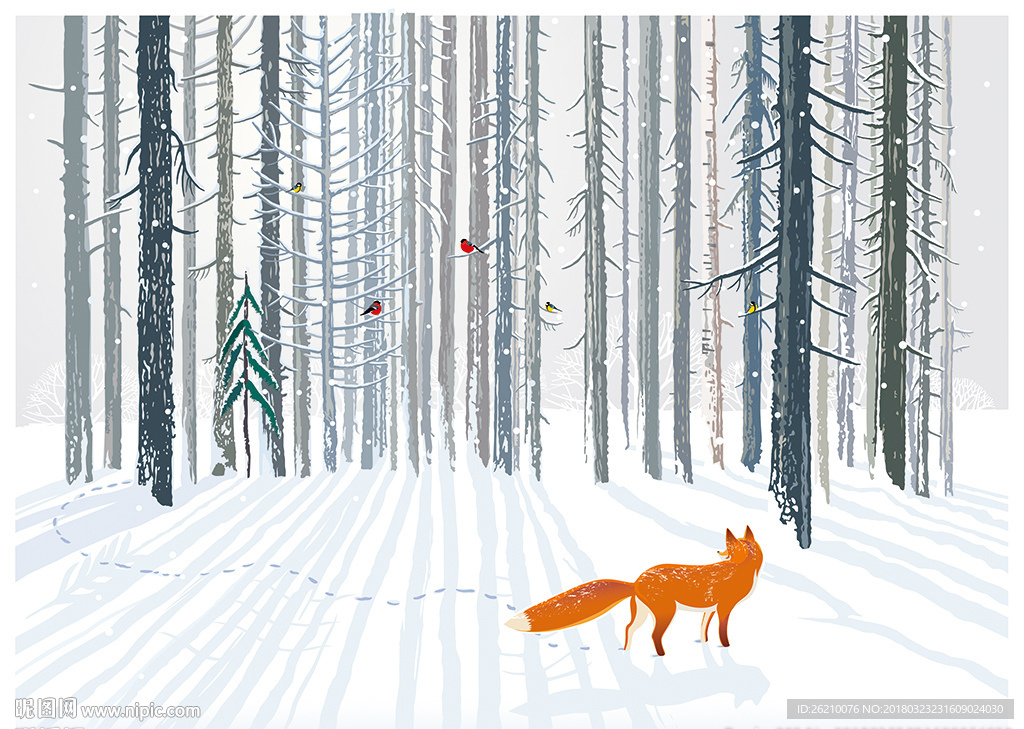 狐狸冬季树林矢量背景墙
